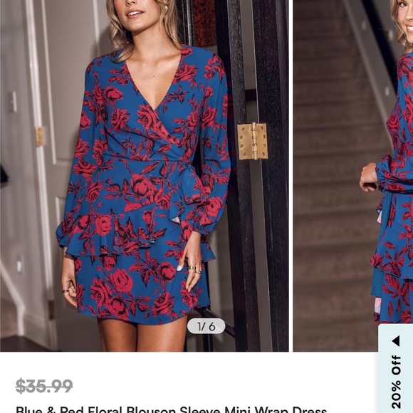Cupshe Blue & Red Floral Blouson‎ Sleeve Mini Wrap Dress - Size Small NWT - Picture 5 of 5